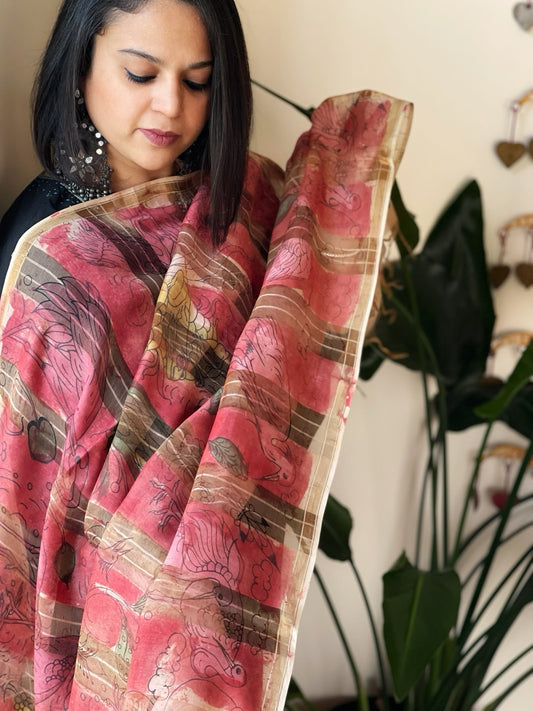 Handpainted Kalamkari Dupatta in Chanderi Silk