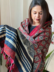 Maroon Ajrakh Handblock Printed Silk-Woollen Shawl
