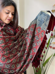 Maroon Ajrakh Handblock Printed Silk-Woollen Shawl