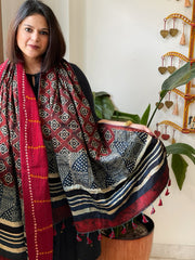 Maroon Ajrakh Handblock Printed Silk-Woollen Shawl
