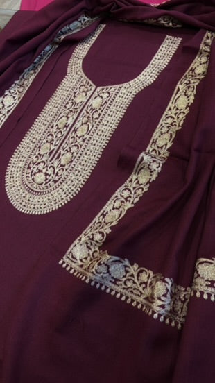 Wine Winter Suit Set with Aari Work in Pashmina Wool