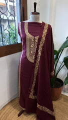 Wine Winter Suit Set with Aari Work in Pashmina Wool
