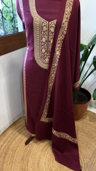 Wine Winter Suit Set with Aari Work in Pashmina Wool