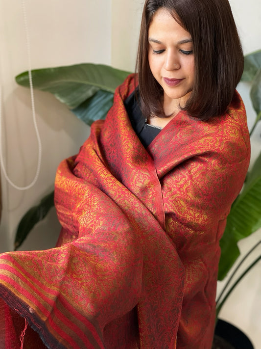 Maroonish Red Pashmina Shawl with Zari