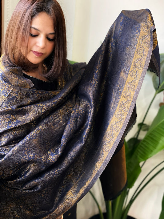 Navy Pashmina Shawl with Zari