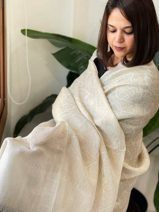 Ivory Pashmina Shawl with Zari