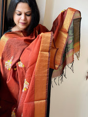 Chanderi Silk Dupatta with Ikat Pallu, Kantha Stitch and Knot Handwork