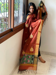 Chanderi Silk Dupatta with Ikat Pallu, Kantha Stitch and Knot Handwork