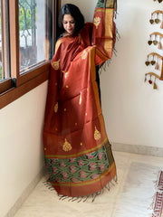 Chanderi Silk Dupatta with Ikat Pallu, Kantha Stitch and Knot Handwork