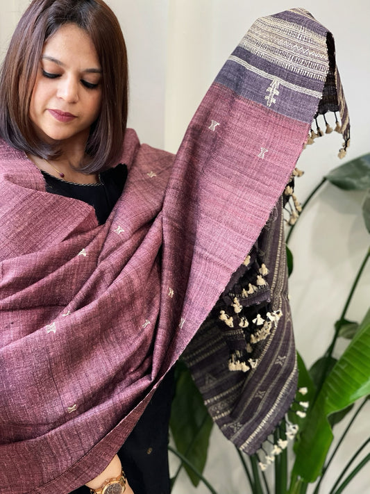 Wine Handwoven Bhujodi Shawl in Pure Tussar and Wool