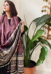 Wine Handwoven Bhujodi Shawl in Pure Tussar and Wool