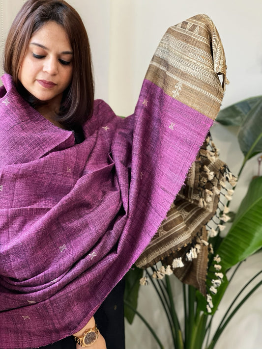 Pink Handwoven Bhujodi Shawl in Pure Tussar and Wool