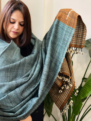 Greenish Blue Handwoven Bhujodi Shawl in Pure Tussar and Wool