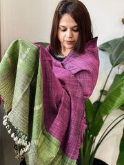 Pink Handwoven Bhujodi Shawl in Pure Tussar and Wool