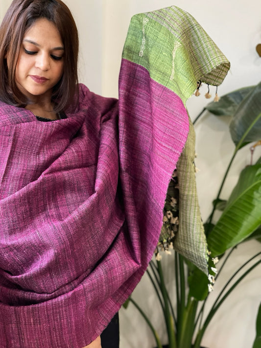 Pink Handwoven Bhujodi Shawl in Pure Tussar and Wool