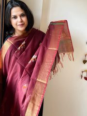 Chanderi Silk Dupatta with Ikat Pallu, Kantha Stitch and Knot Handwork