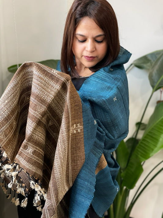 Teal Handwoven Bhujodi Shawl in Pure Tussar and Wool
