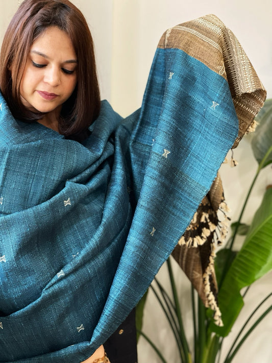 Teal Handwoven Bhujodi Shawl in Pure Tussar and Wool