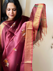 Chanderi Silk Dupatta with Ikat Pallu, Kantha Stitch and Knot Handwork