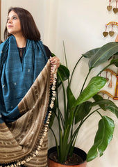 Teal Handwoven Bhujodi Shawl in Pure Tussar and Wool
