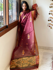 Chanderi Silk Dupatta with Ikat Pallu, Kantha Stitch and Knot Handwork