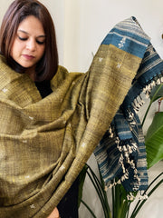 Leaf Green Handwoven Bhujodi Shawl in Pure Tussar and Wool
