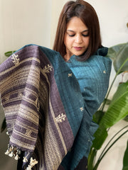 Teal Handwoven Bhujodi Shawl in Pure Tussar and Wool