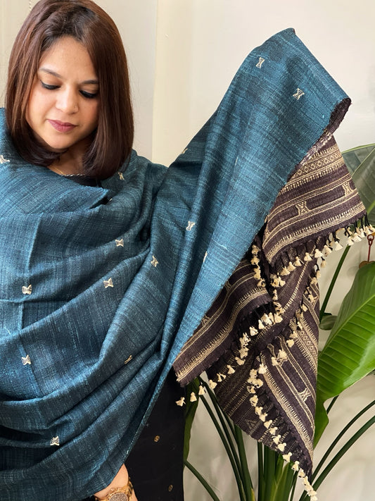 Teal Handwoven Bhujodi Shawl in Pure Tussar and Wool