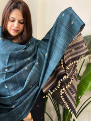 Teal Handwoven Bhujodi Shawl in Pure Tussar and Wool