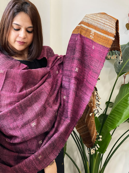 Pink Handwoven Bhujodi Shawl in Pure Tussar and Wool