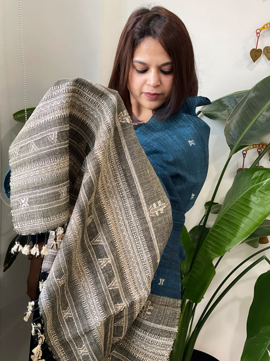 Teal Handwoven Bhujodi Shawl in Pure Tussar and Wool