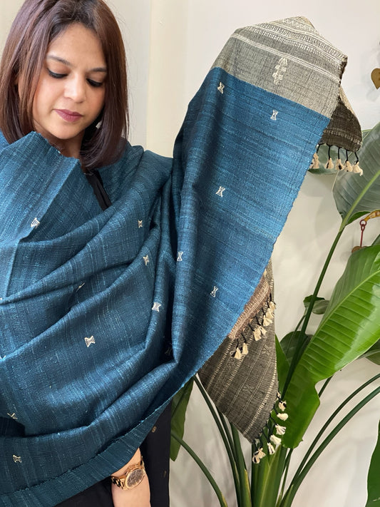 Teal Handwoven Bhujodi Shawl in Pure Tussar and Wool