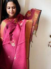 Chanderi Silk Dupatta with Ikat Pallu, Kantha Stitch and Knot Handwork