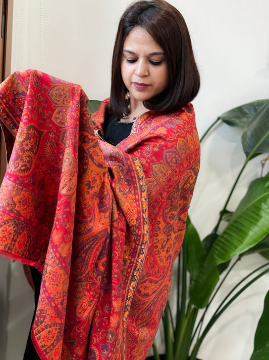 Red Woven Kaani Jaal Pashmina Shawl with Zari