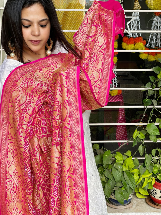 Pink Handwoven Premium Zari Rai Bandhani Dupatta in Pure Georgette