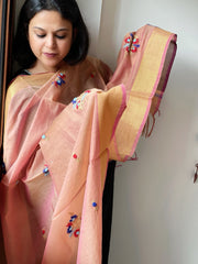 Chanderi Silk Dupatta with Ikat Pallu, Kantha Stitch and Knot Handwork