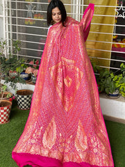 Pink Handwoven Premium Zari Rai Bandhani Dupatta in Pure Georgette