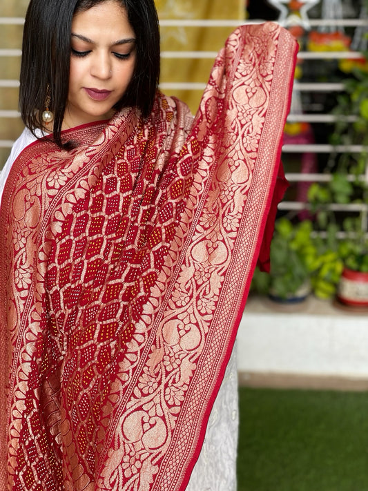 Maroon Handwoven Premium Zari Rai Bandhani Dupatta in Pure Georgette