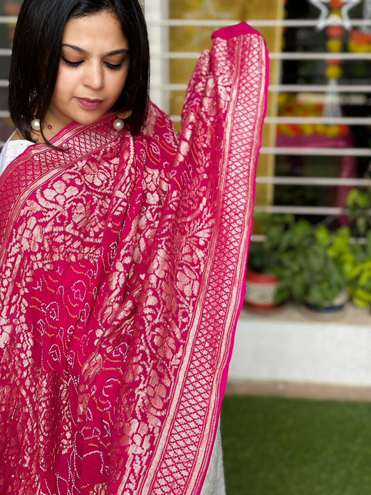 Pink Handwoven Premium Zari Rai Bandhani Dupatta in Pure Georgette