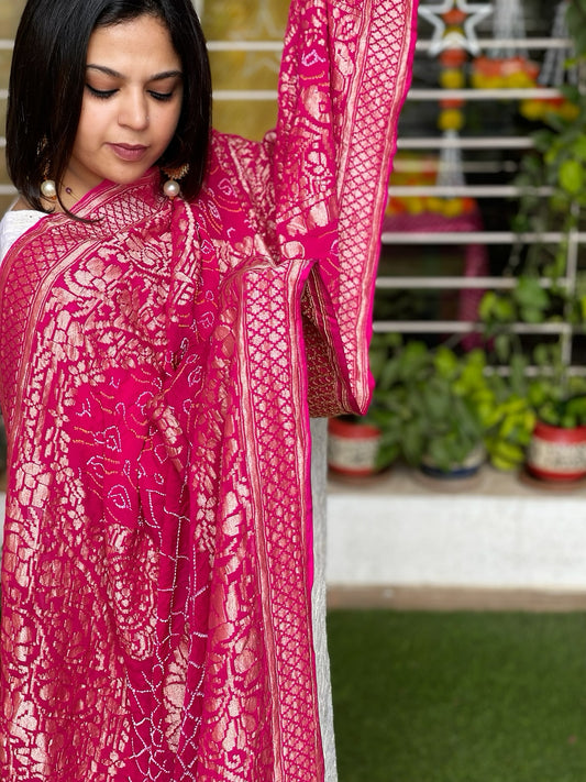 Pink Handwoven Premium Zari Rai Bandhani Dupatta in Pure Georgette