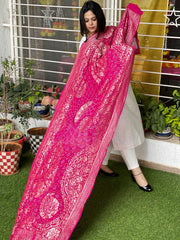 Pink Handwoven Premium Zari Rai Bandhani Dupatta in Pure Georgette