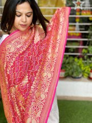 Coral Pink Handwoven Premium Zari Rai Bandhani Dupatta in Pure Georgette