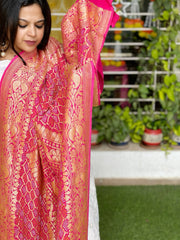 Coral Pink Handwoven Premium Zari Rai Bandhani Dupatta in Pure Georgette