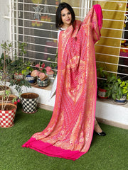 Coral Pink Handwoven Premium Zari Rai Bandhani Dupatta in Pure Georgette