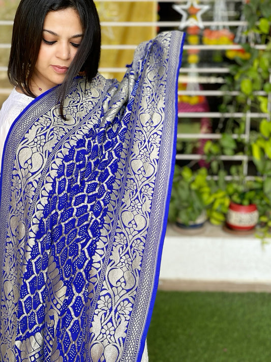 Blue Handwoven Premium Zari Rai Bandhani Dupatta in Pure Georgette