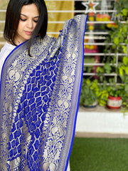 Blue Handwoven Premium Zari Rai Bandhani Dupatta in Pure Georgette