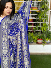 Blue Handwoven Premium Zari Rai Bandhani Dupatta in Pure Georgette