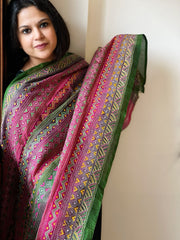 Green, Pink Handmade Kantha Dupatta in Silk