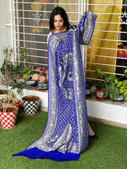 Blue Handwoven Premium Zari Rai Bandhani Dupatta in Pure Georgette