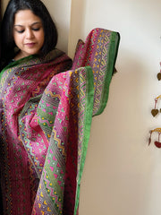 Green, Pink Handmade Kantha Dupatta in Silk